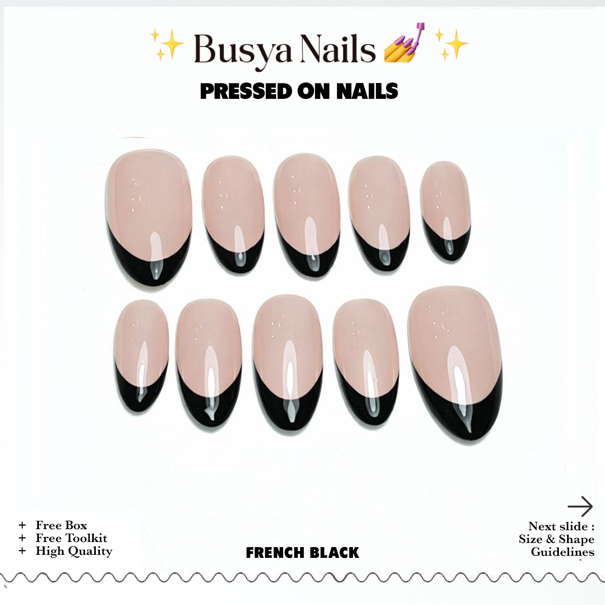 Busya Nails - French Black Gel Nail Art Kuku Palsu Pressed On Nails Gel Free Toolkit