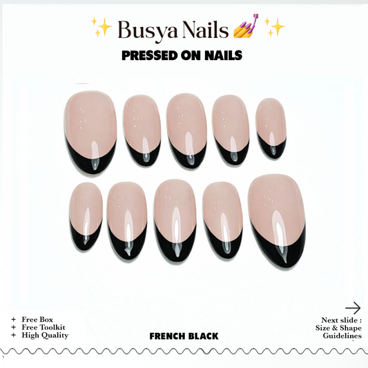 Busya Nails - French Black Gel Nail Art Kuku Palsu Pressed On Nails Gel Free Toolkit