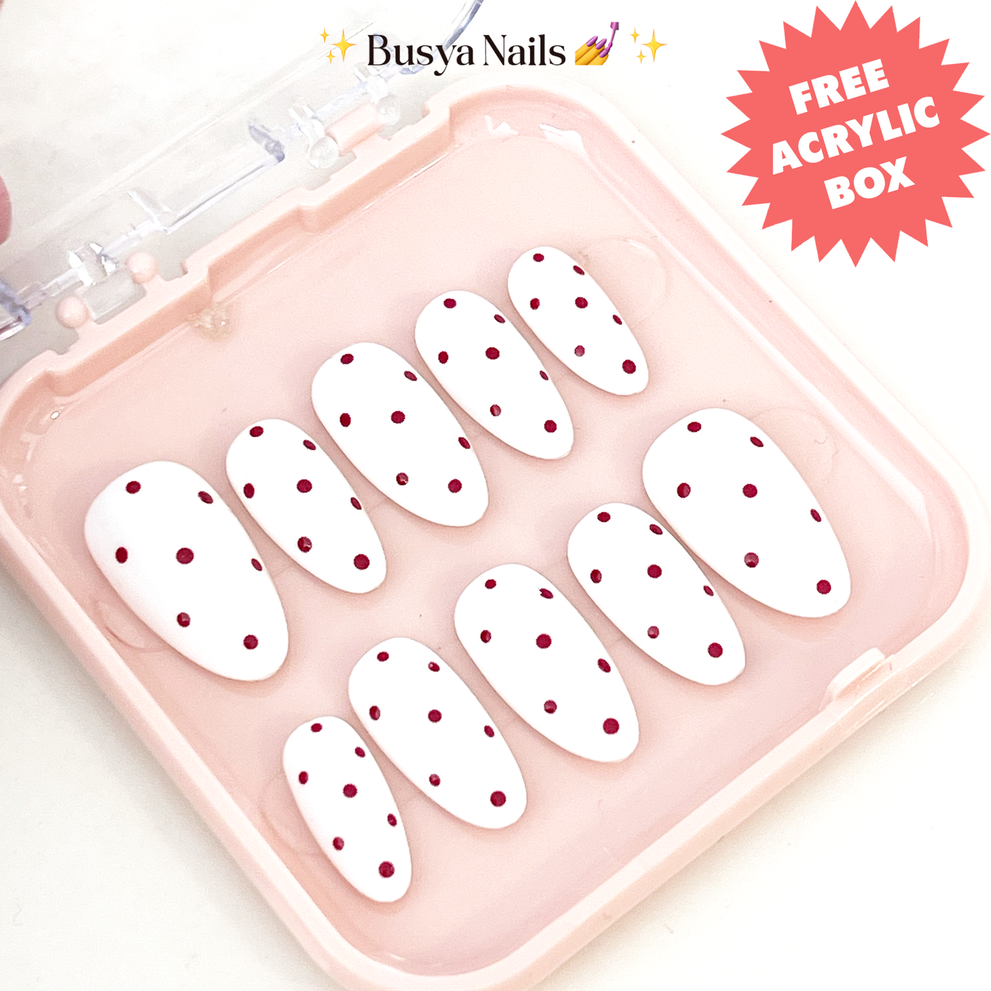 Busya Nails - White Maroon Polka Dots Pressed On Nails Gel Free Toolkit Kuku Palsu