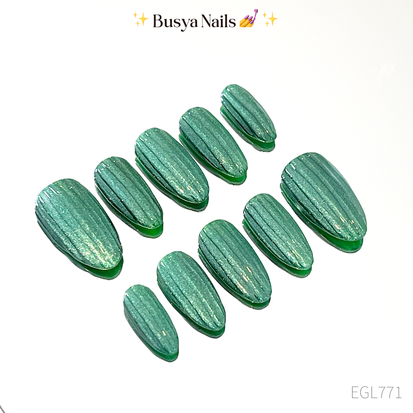 Busya Nails - Emerald Glass Pressed On Nails Kuku Palsu Free Tools