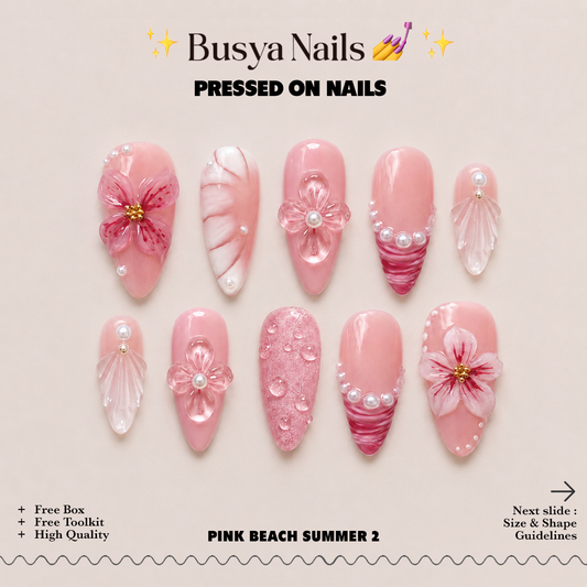 Busya Nails - Pink Beach Summer 2 3D Pressed On Nails Kuku Palsu Free Tools