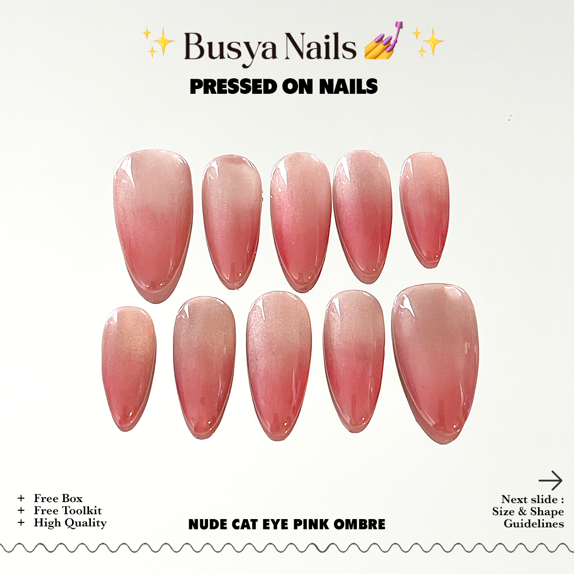 Busya Nails - Nude Cat Eye Pink Ombre Pressed On Nails Kuku Palsu Free Lem Tools