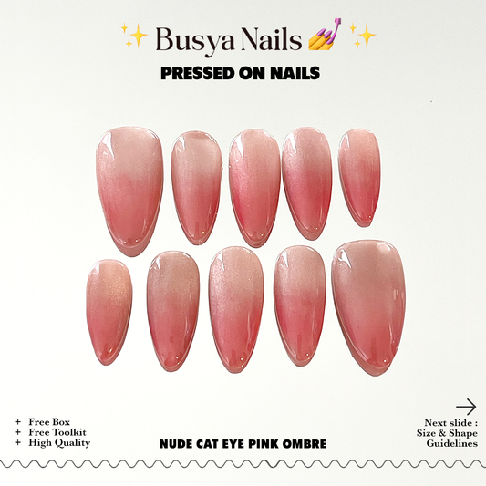 Busya Nails - Nude Cat Eye Pink Ombre Pressed On Nails Kuku Palsu Free Lem Tools