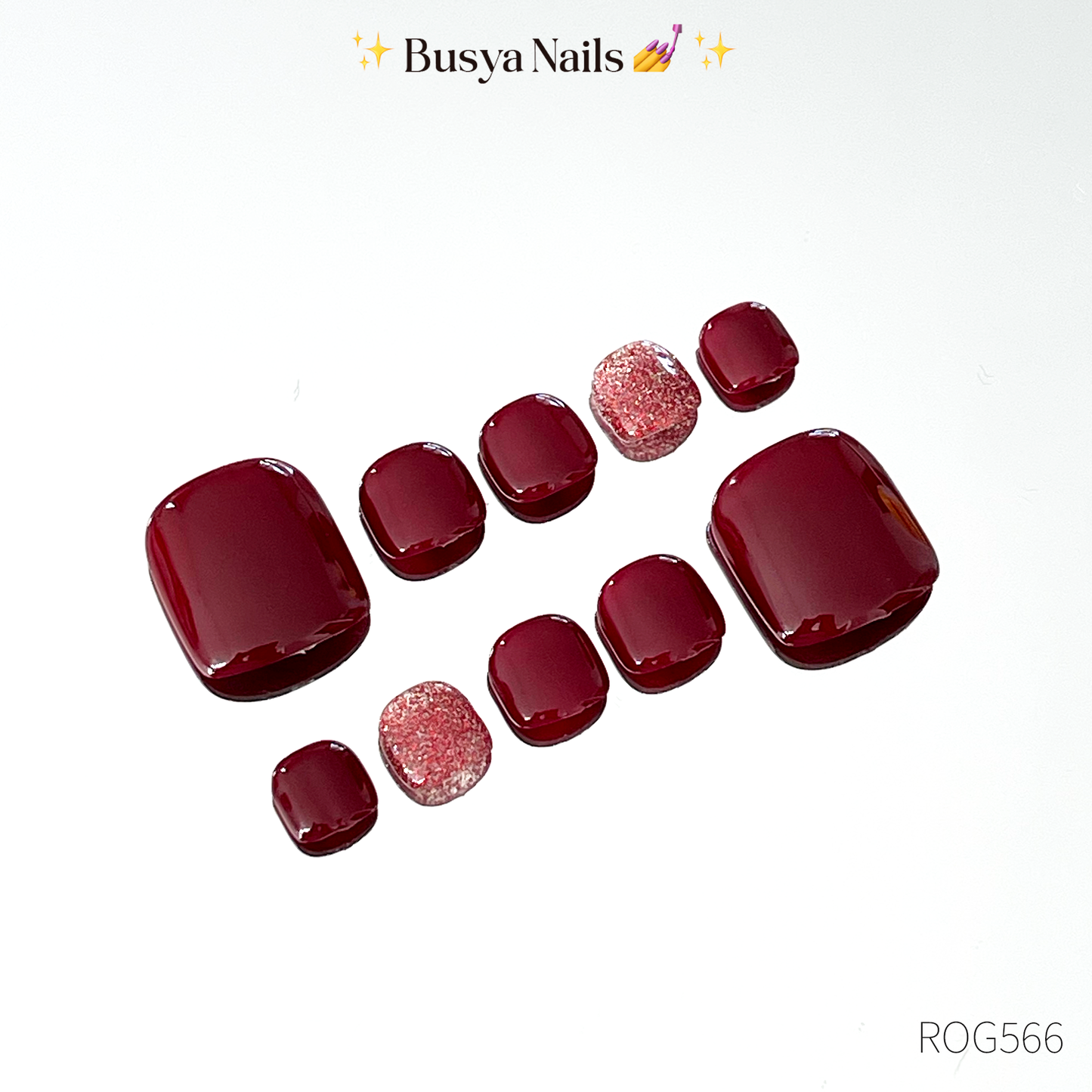 Busya Nails - Red on Red Glitter Toe Nails Pressed On Nails Gel Free Toolkit Kuku Palsu