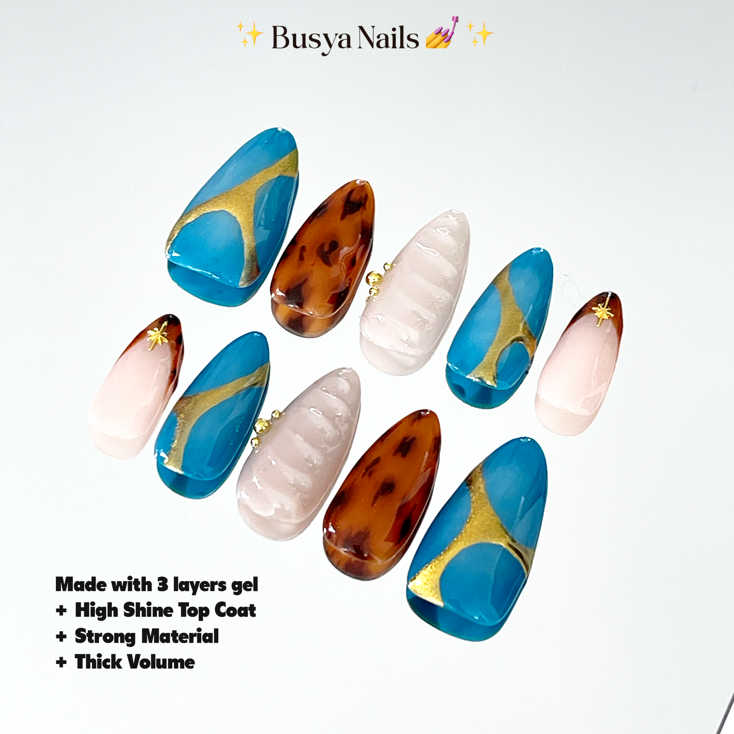 Busya Nails - Tortoise Bay Y2K Blue Nude Gold Pressed On Nails Gel Free Toolkit Kuku Palsu