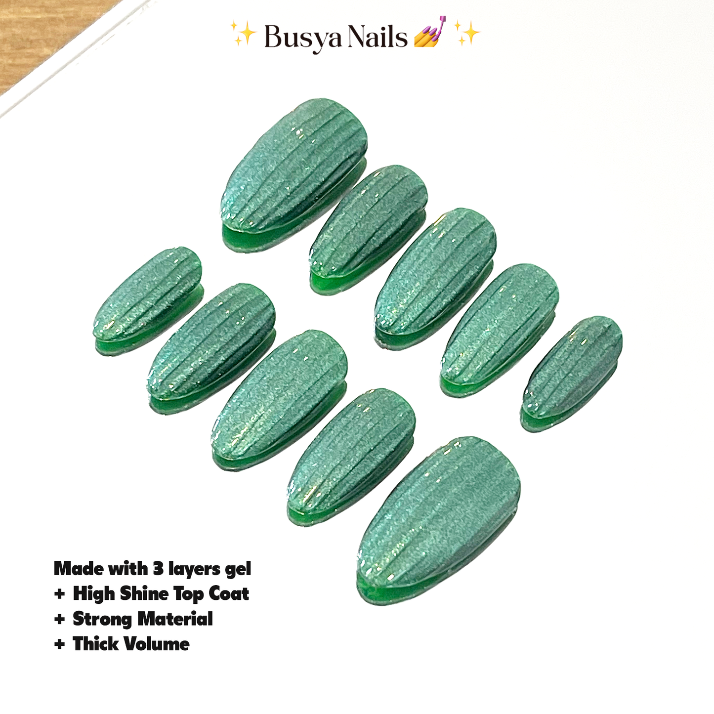 Busya Nails - Emerald Glass Pressed On Nails Kuku Palsu Free Tools