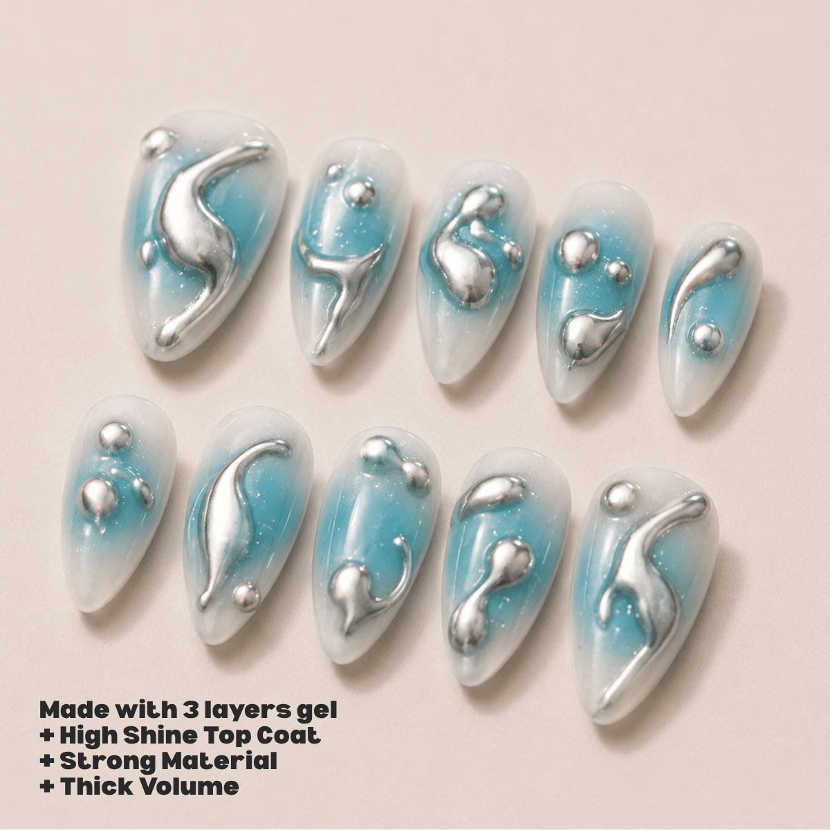 Busya Nails - Blue Flume Pressed On Nails Kuku Palsu Free Tools