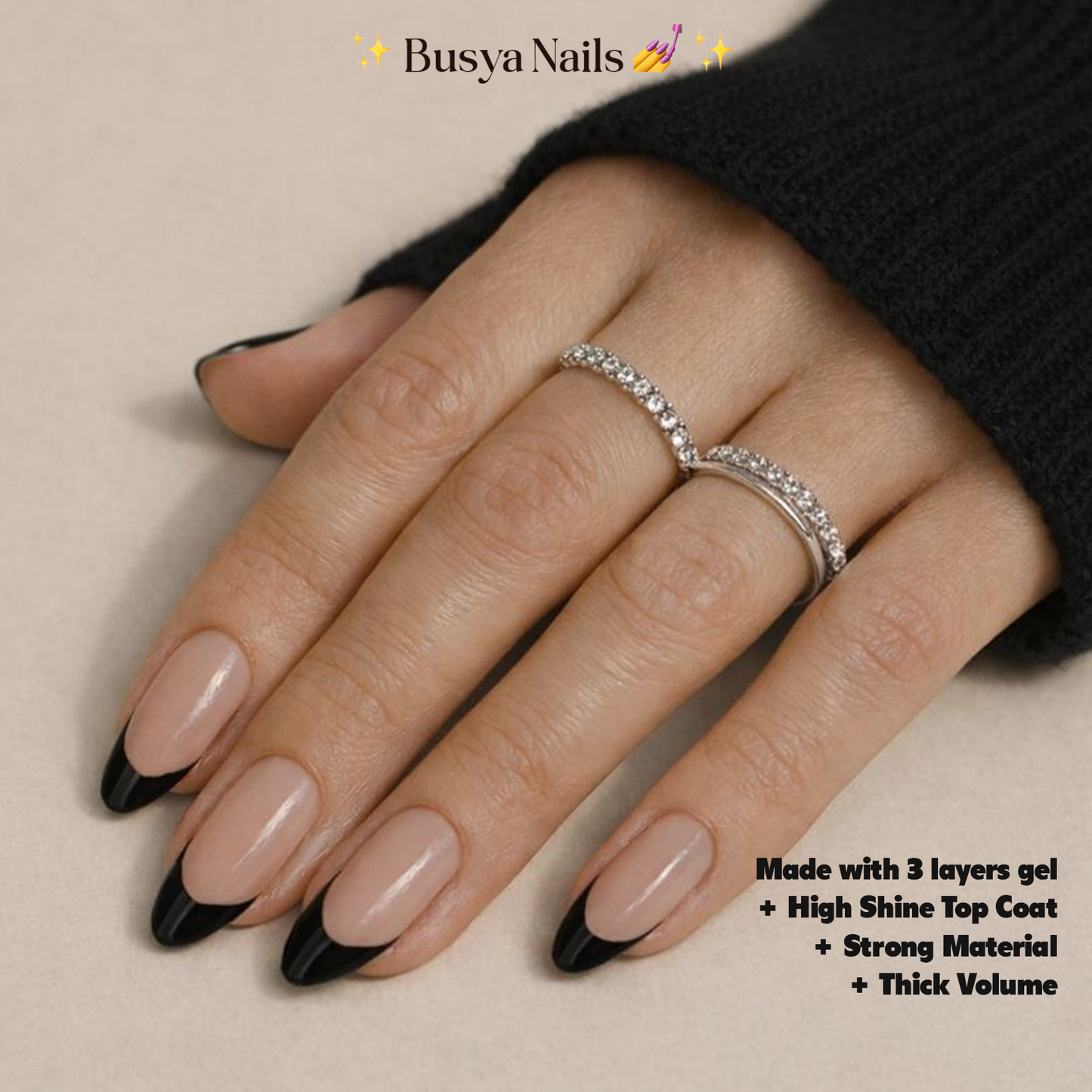 Busya Nails - French Black Gel Nail Art Kuku Palsu Pressed On Nails Gel Free Toolkit
