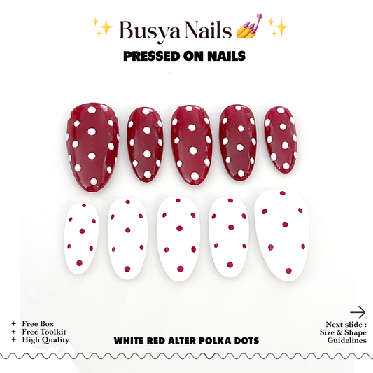 Busya Nails - White Maroon Alter Polka Dots Pressed On Nails Gel Free Toolkit Kuku Palsu