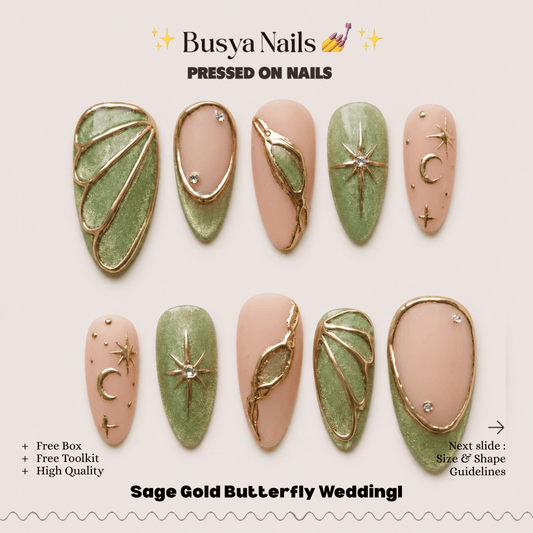 Busya Nails - Sage Gold Butterfly Wedding Pressed On Nails Kuku Palsu Free Tools