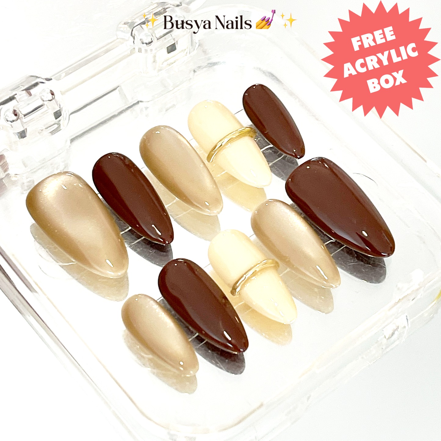 Busya Nails - Elgy Brown Bangle Cat Eye Glass Water Pressed On Nails Kuku Palsu Free Tools