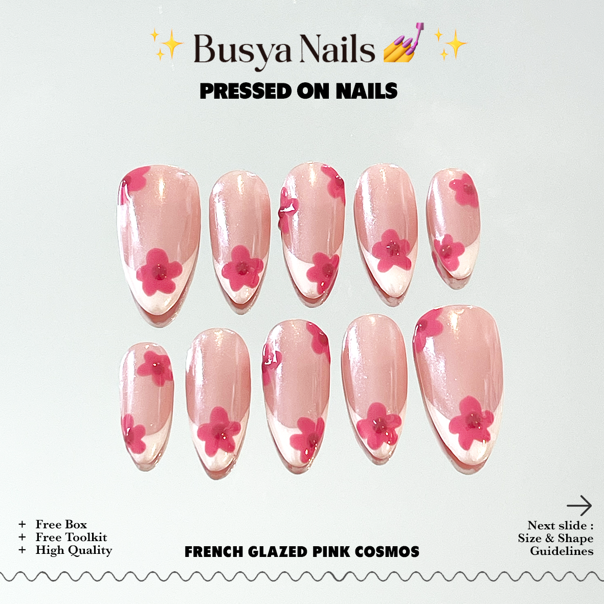 Busya Nails - French Glazed Pink Cosmos Pressed On Nails Kuku Palsu Free Tools