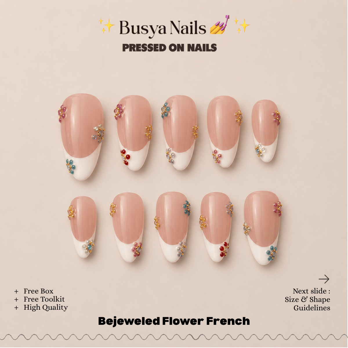 Busya Nails - Bejeweled Flower French Pressed On Nails Kuku Palsu Free Tools