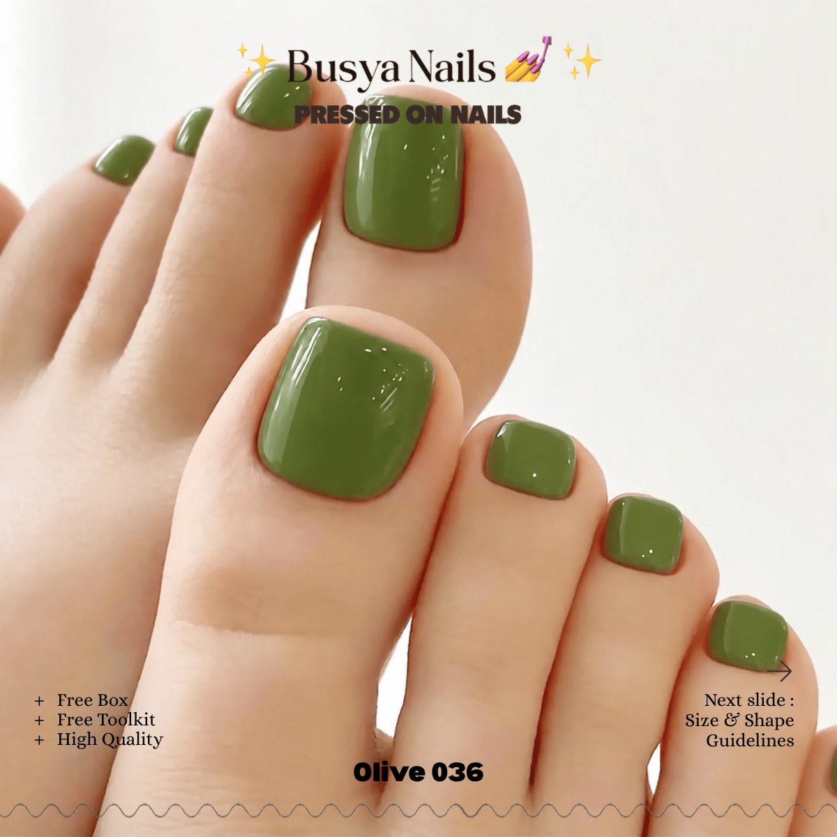 Busya Nails - Olive 036 Toenails Pressed On Nails Kuku Palsu Free Tools