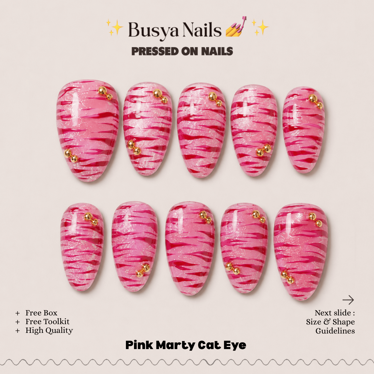 Busya Nails - Pink Marty Cat Eye Pressed On Nails Kuku Palsu Free Tools