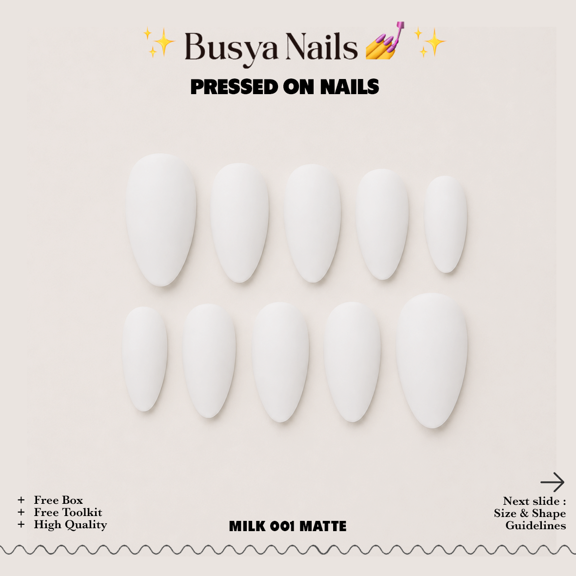 Busya Nails - Milk 001 Matte Pressed On Nails Kuku Palsu Free Tools