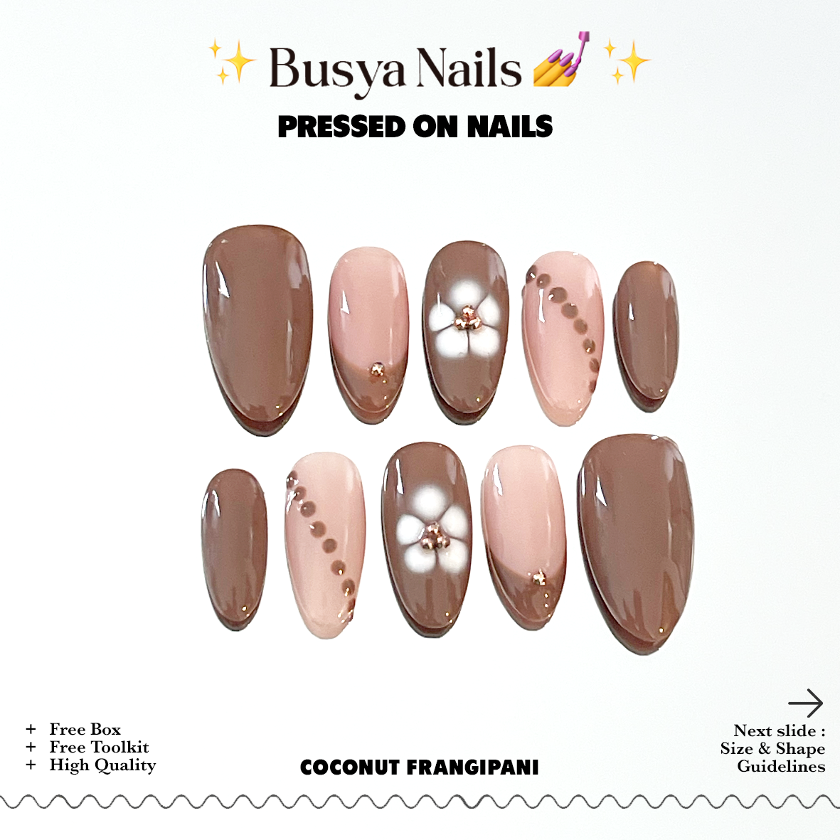 Busya Nails - Coconut Frangipani Pressed On Nails Kuku Palsu Free Tools