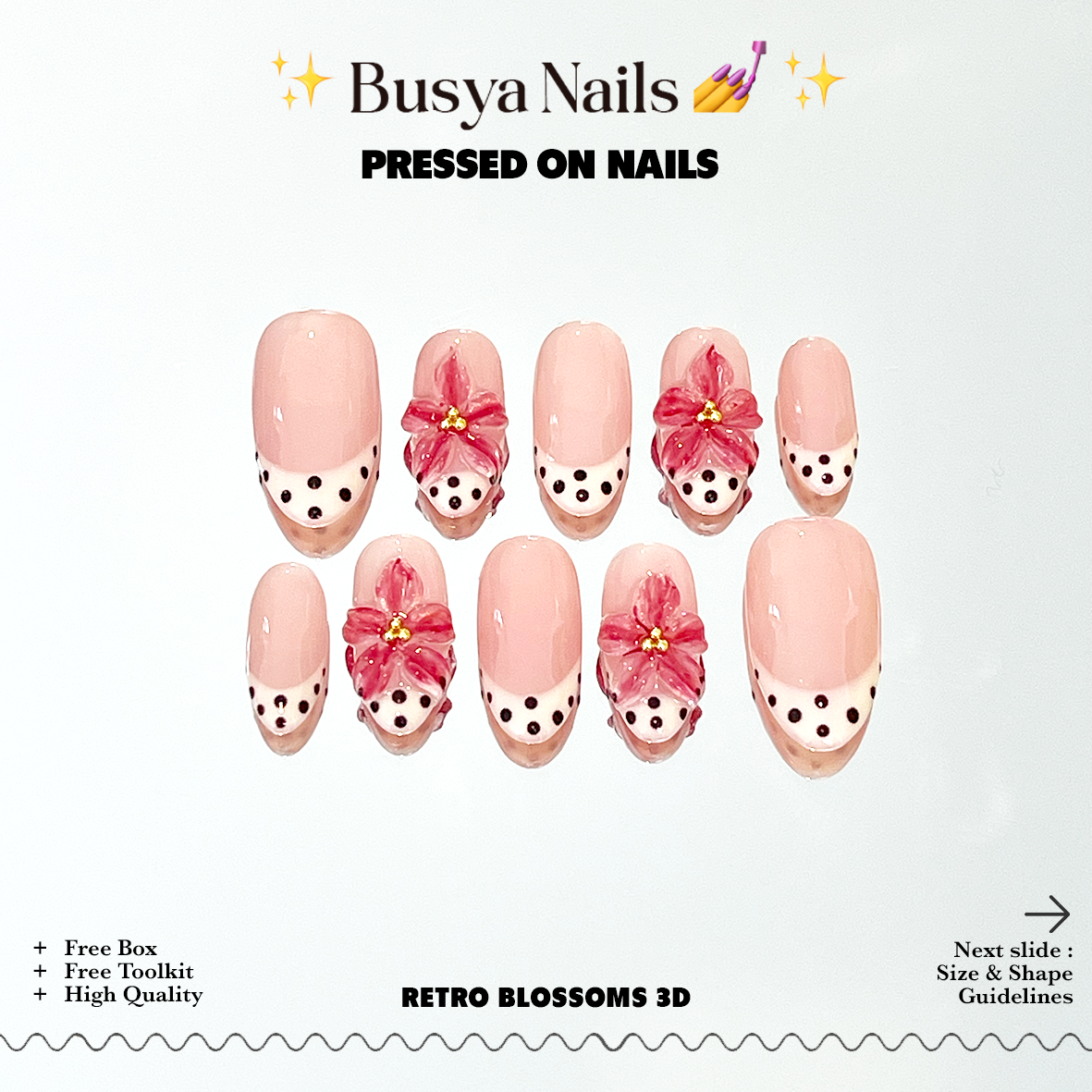 Busya Nails - Retro Blossoms 3D Pressed On Nails Kuku Palsu Free Tools