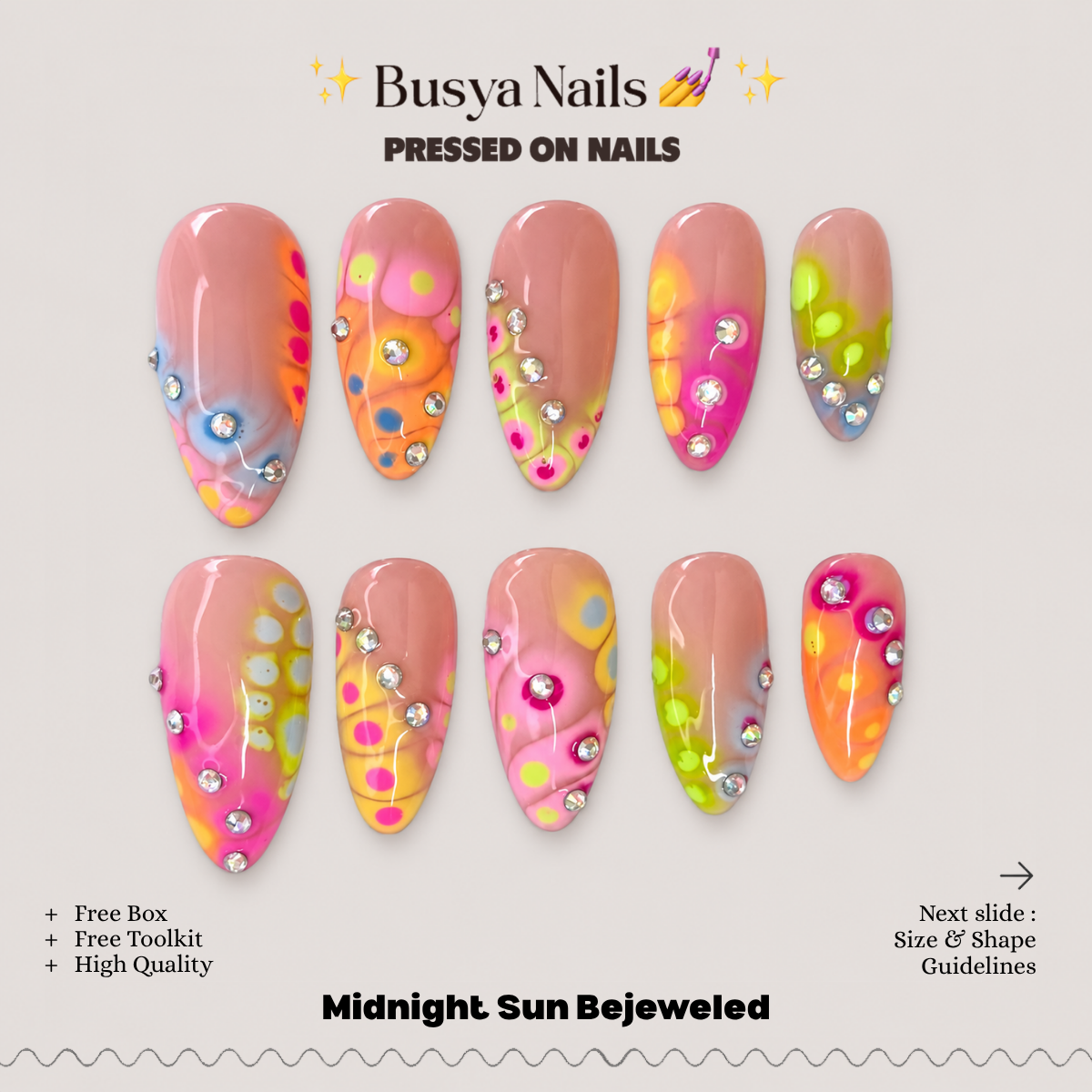 Busya Nails - Midnight Sun Bejeweled Pressed On Nails Kuku Palsu Free Tools