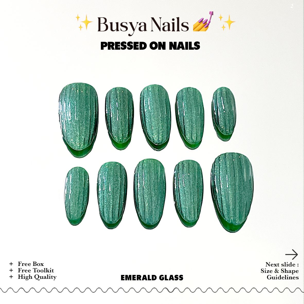 Busya Nails - Emerald Glass Pressed On Nails Kuku Palsu Free Tools