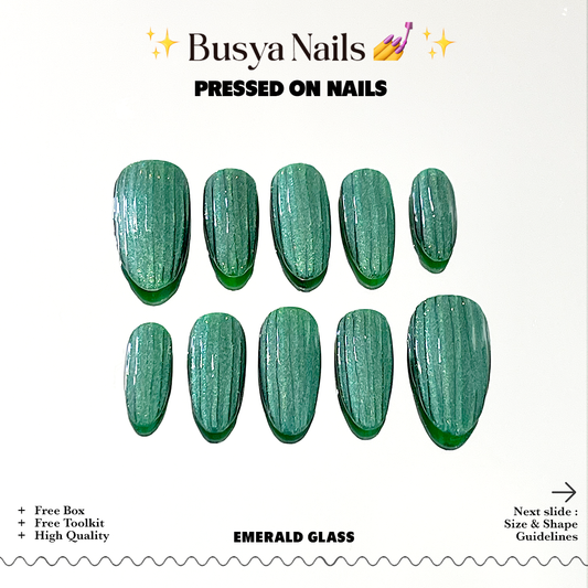 Busya Nails - Emerald Glass Pressed On Nails Kuku Palsu Free Tools