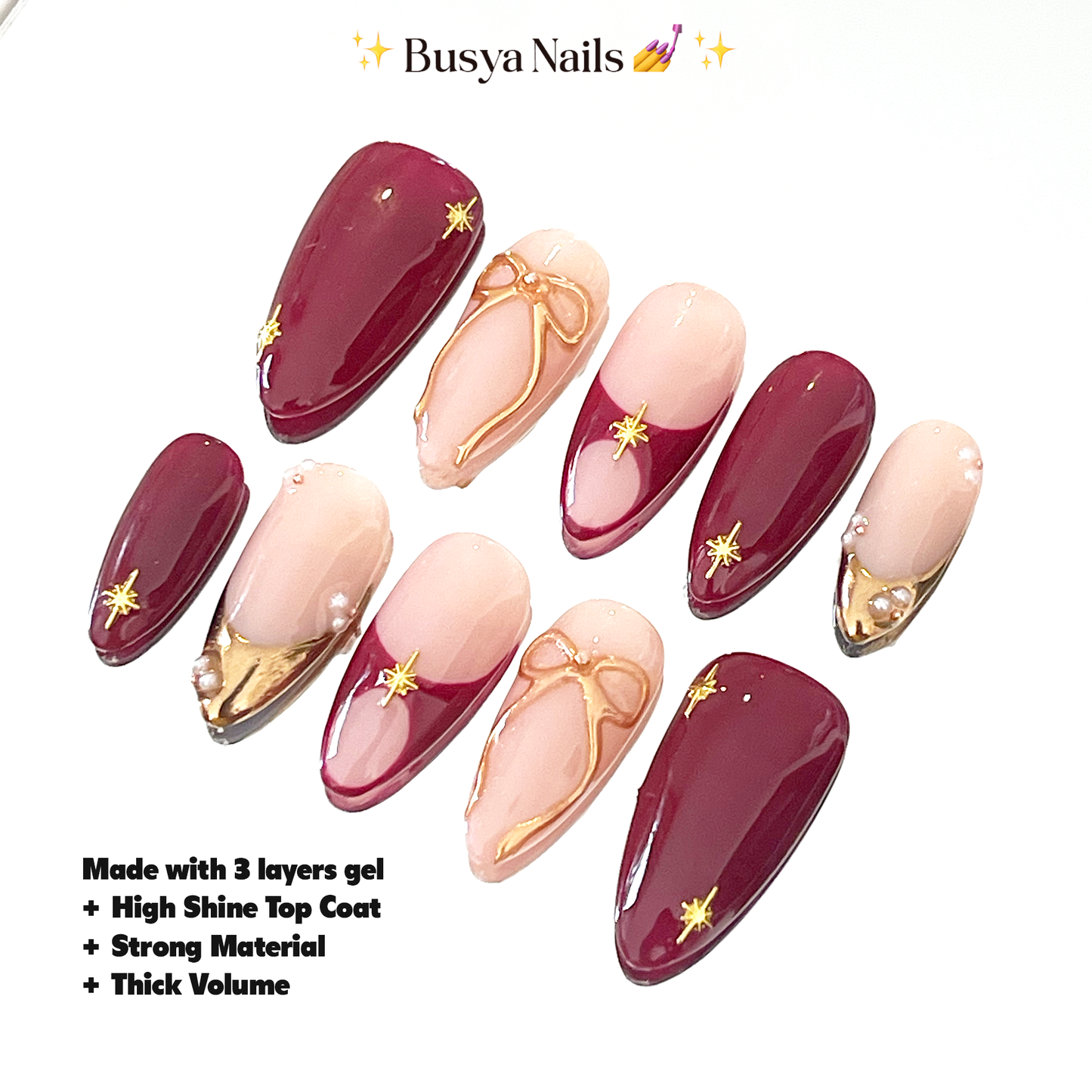 Busya Nails - Burgundy Coquette Sparkles Pressed On Nails Kuku Palsu Free Tools
