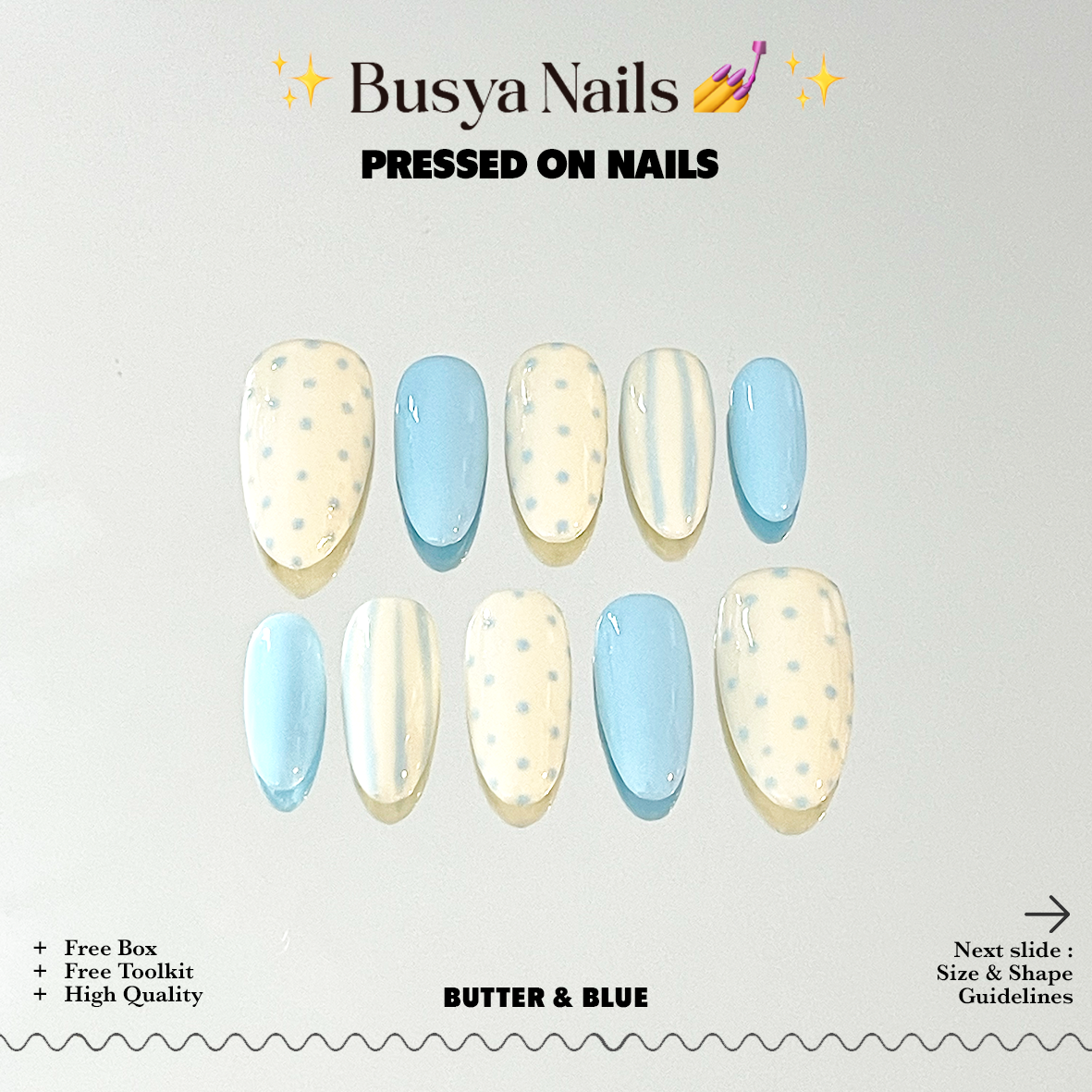 Busya Nails - Butter & Blue Pressed On Nails Kuku Palsu Free Tools