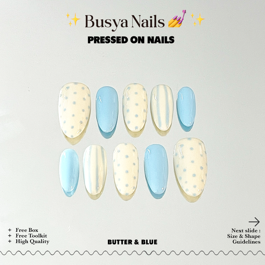 Busya Nails - Butter & Blue Pressed On Nails Kuku Palsu Free Tools