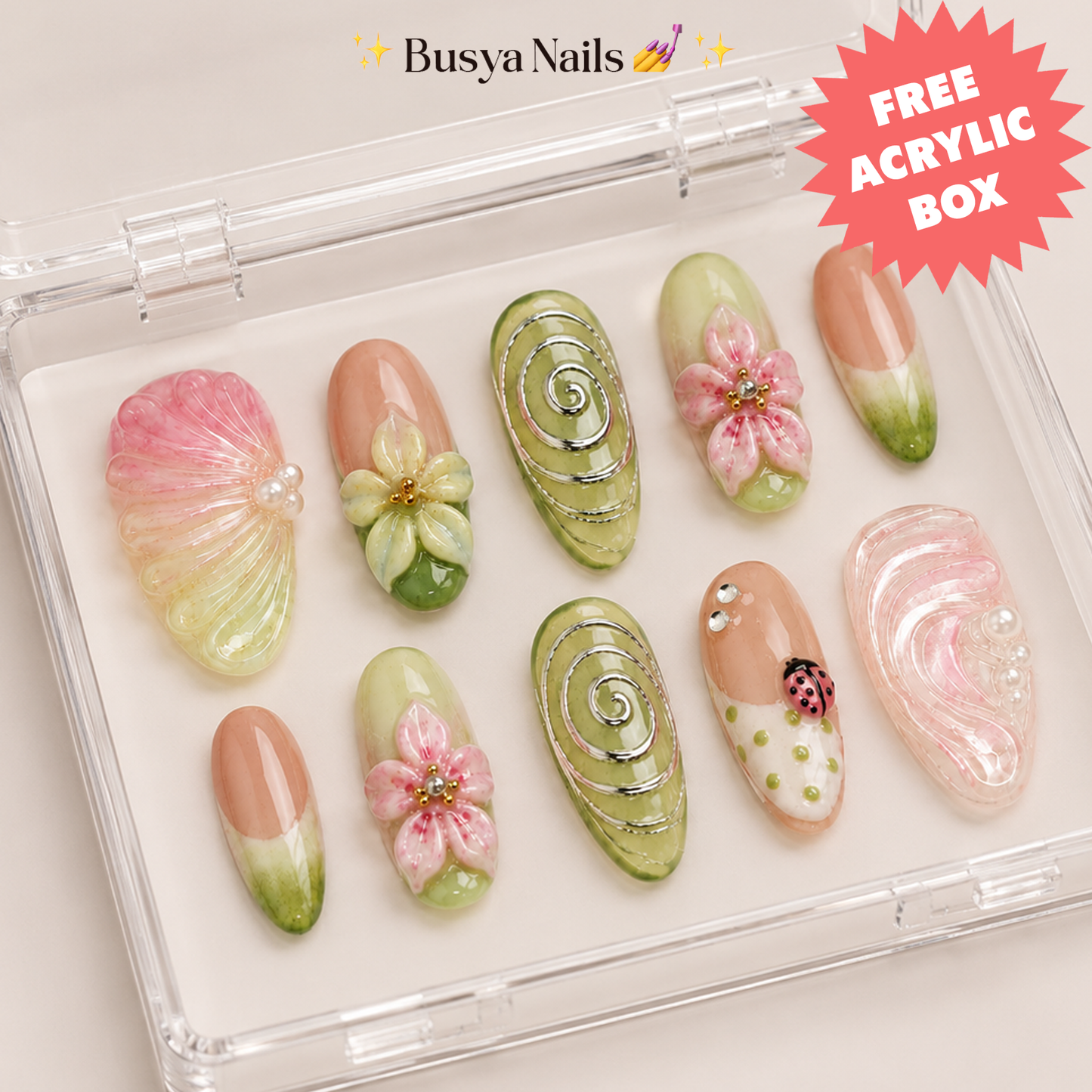 Busya Nails - Strawberry Matcha Beach Summer Pressed On Nails Kuku Palsu Free Tools