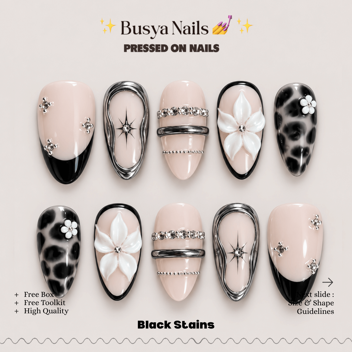 Busya Nails - Black Stains Pressed On Nails Kuku Palsu Free Tools
