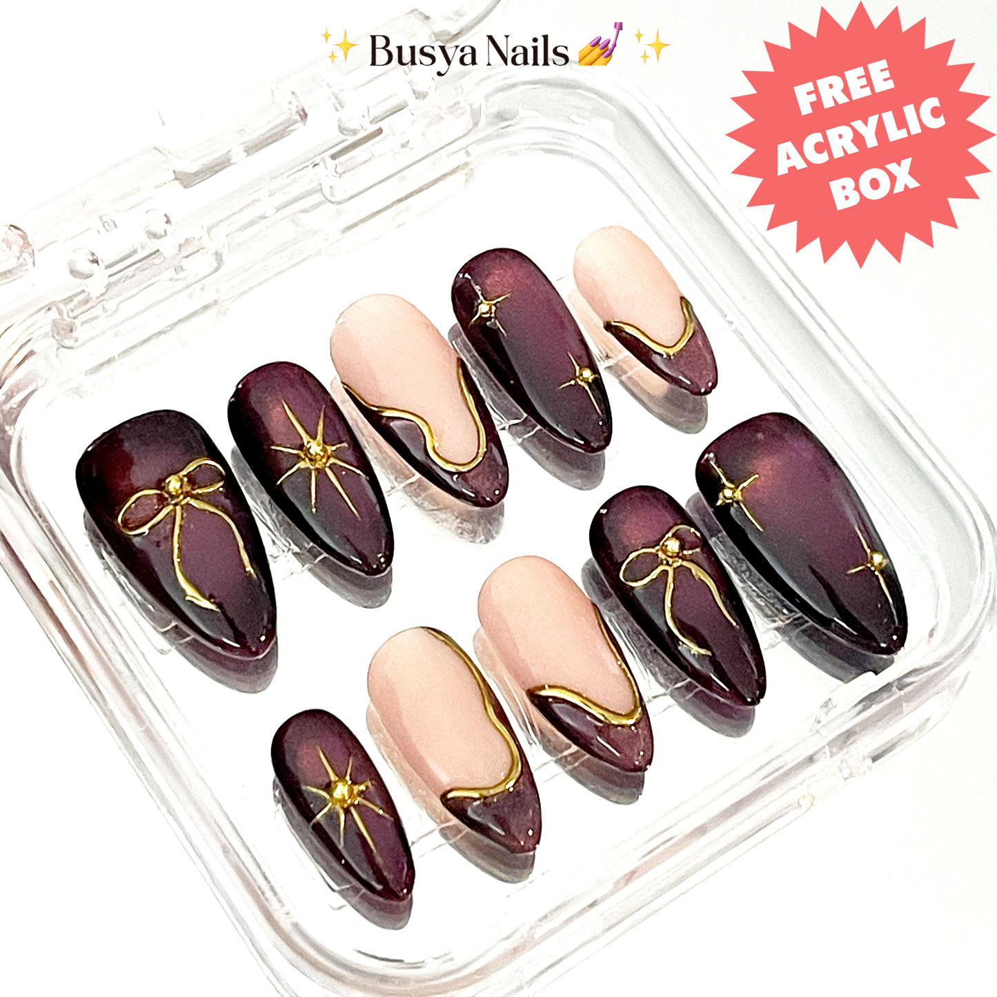 Busya Nails - Dreamies in Burgundy Cat Eye Pressed On Nails Kuku Palsu Free Tools