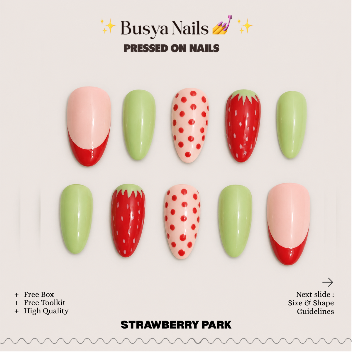 Busya Nails - Strawberry Park Pressed On Nails Kuku Palsu Free Tools