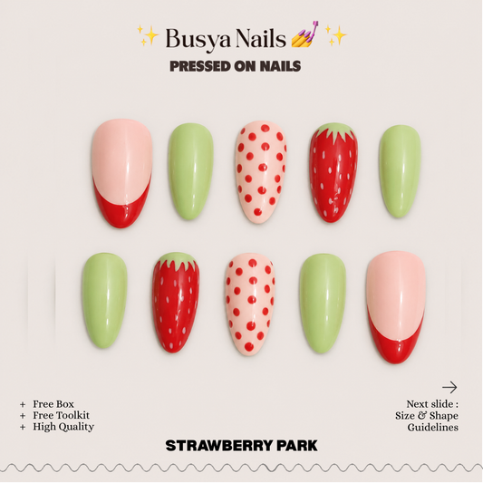 Busya Nails - Strawberry Park Pressed On Nails Kuku Palsu Free Tools