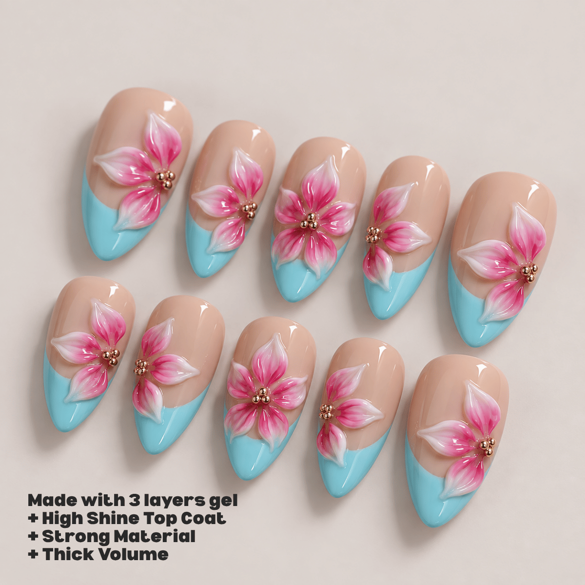 Busya Nails - Teal Pink Florals Pressed On Nails Kuku Palsu Free Tools