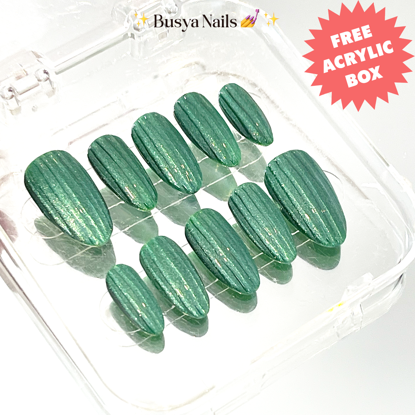 Busya Nails - Emerald Glass Pressed On Nails Kuku Palsu Free Tools