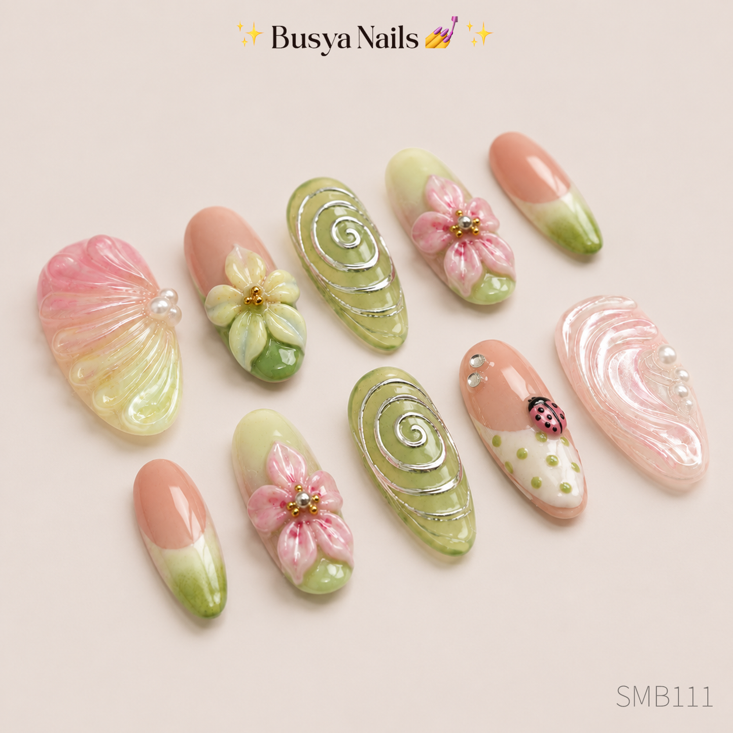 Busya Nails - Strawberry Matcha Beach Summer Pressed On Nails Kuku Palsu Free Tools