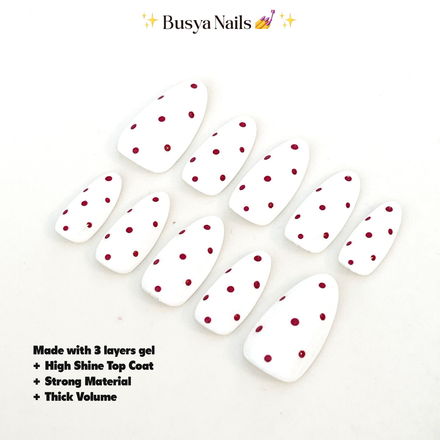 Busya Nails - White Maroon Polka Dots Pressed On Nails Gel Free Toolkit Kuku Palsu
