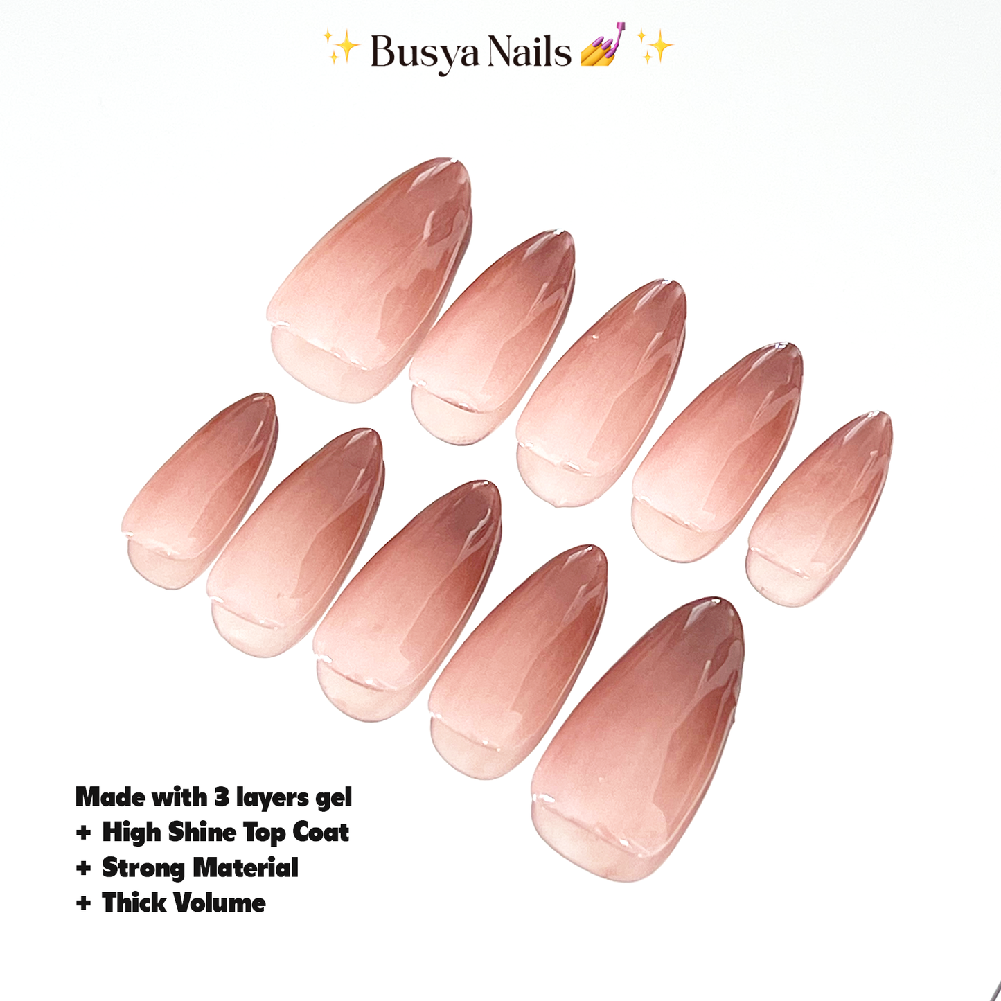 Busya Nails - Nude Brown Ombre Pressed On Nails Kuku Palsu Free Lem Tools