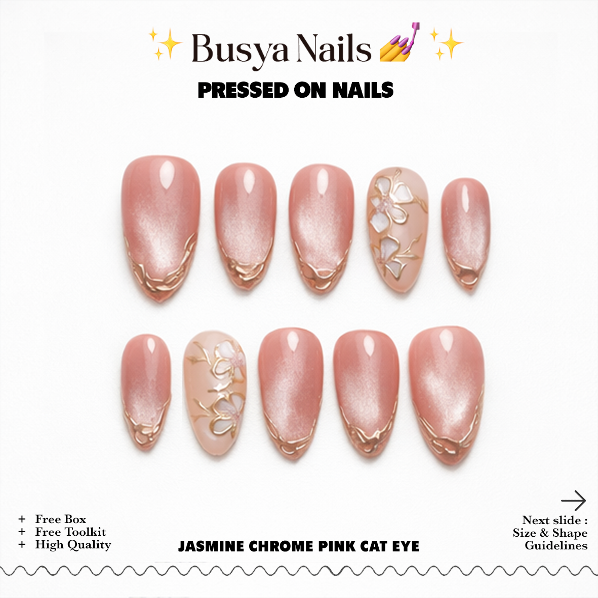 Busya Nails - Jasmine Chrome Pink Cat Eye Wedding Nails Pressed On Nails Putih Nude Kuku Palsu Free Lem Tools