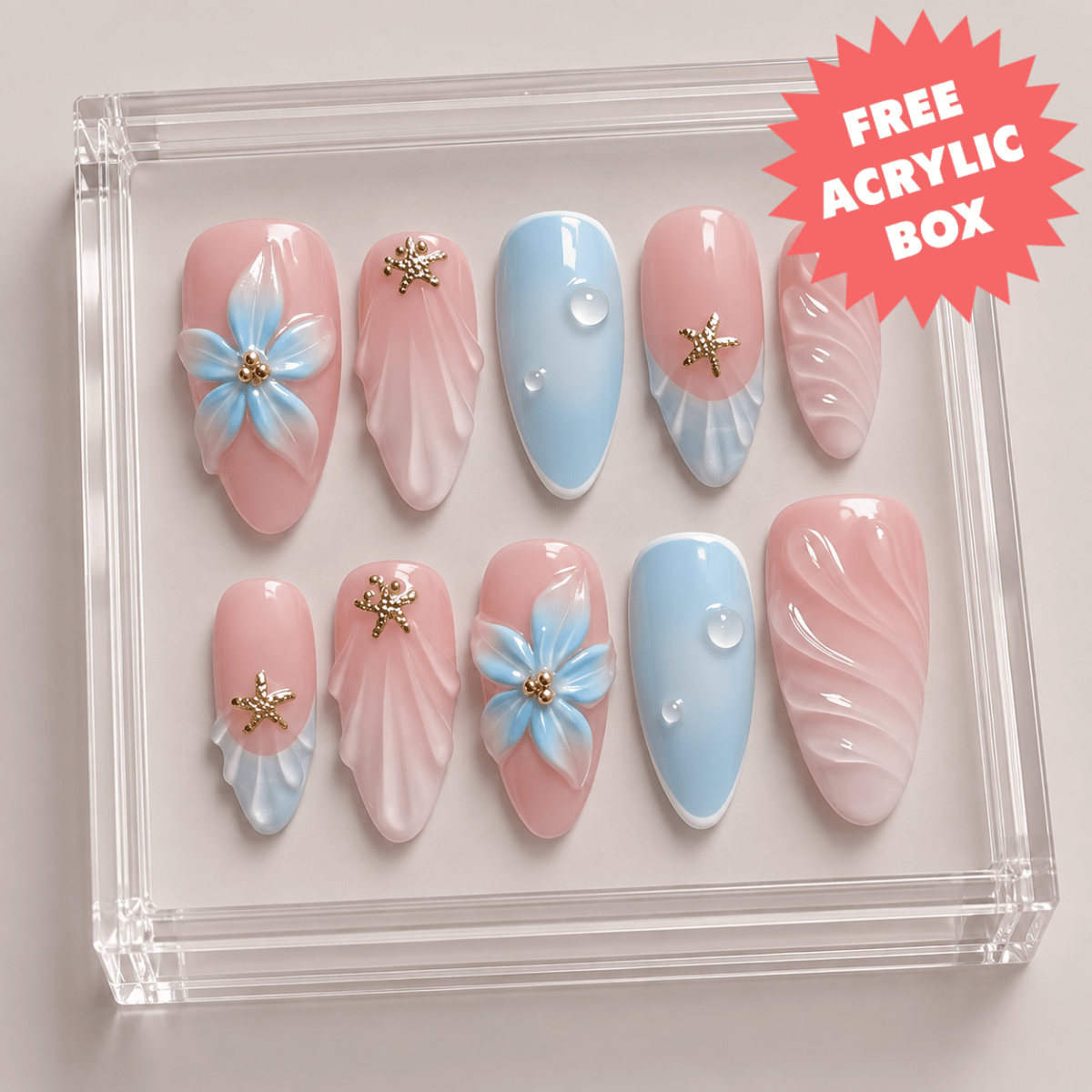 Busya Nails - Blue Floral Ocean  Pressed On Nails Kuku Palsu Free Tools