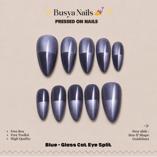 Busya Nails - Blue - Glass Cat Eye Split Pressed On Nails Kuku Palsu Free Tools