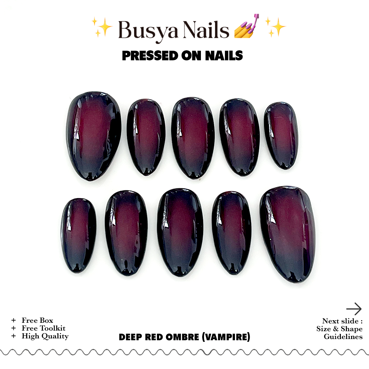 Busya Nails - Deep Red Ombre Vampire Pressed On Nails Kuku Palsu Free Lem Tools