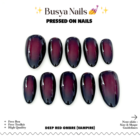 Busya Nails - Deep Red Ombre Vampire Pressed On Nails Kuku Palsu Free Lem Tools
