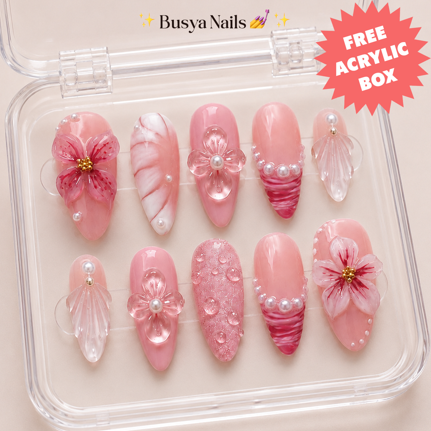 Busya Nails - Pink Beach Summer 2 3D Pressed On Nails Kuku Palsu Free Tools