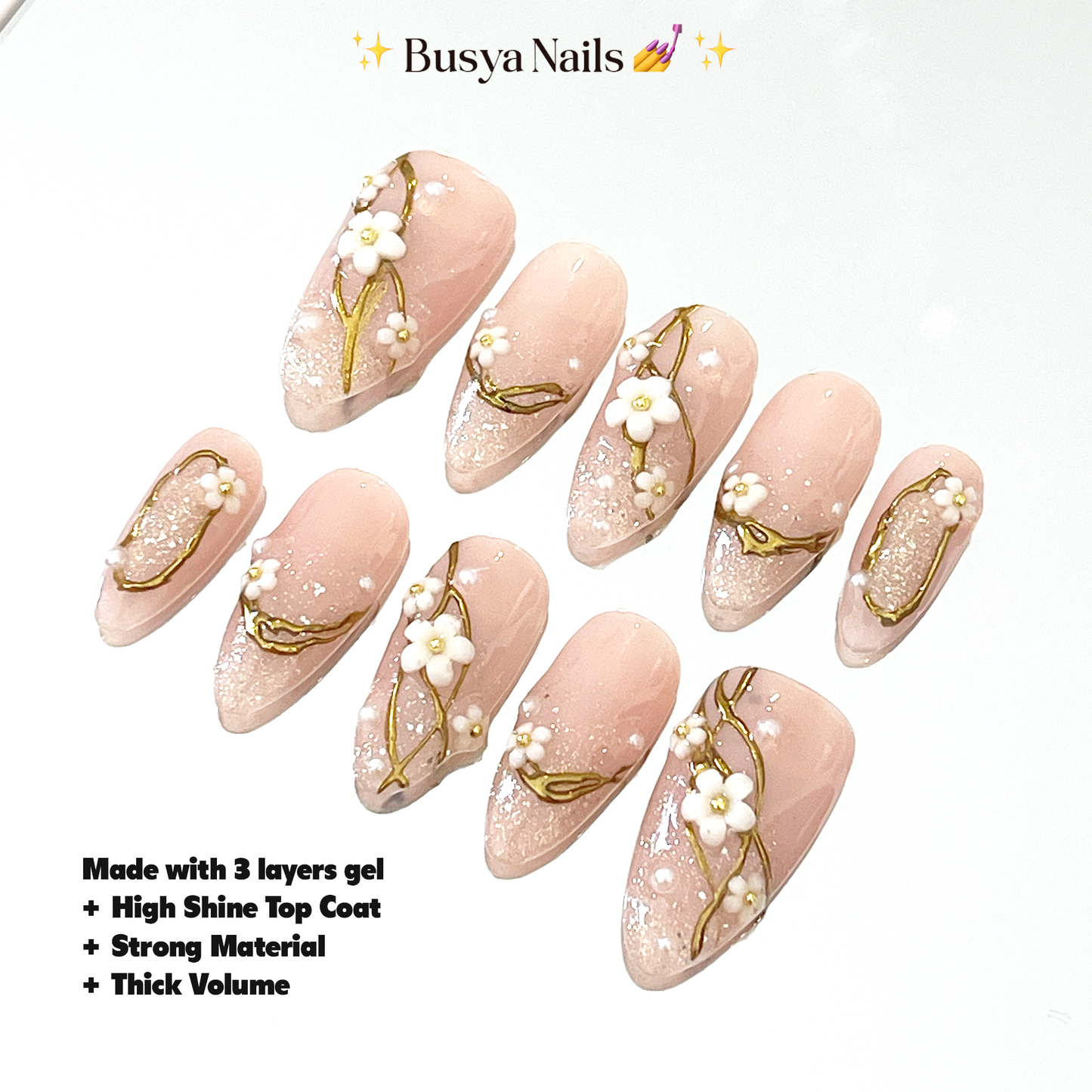 Busya Nails - White Daisies Golden Pressed On Nails Kuku Palsu Free Tools
