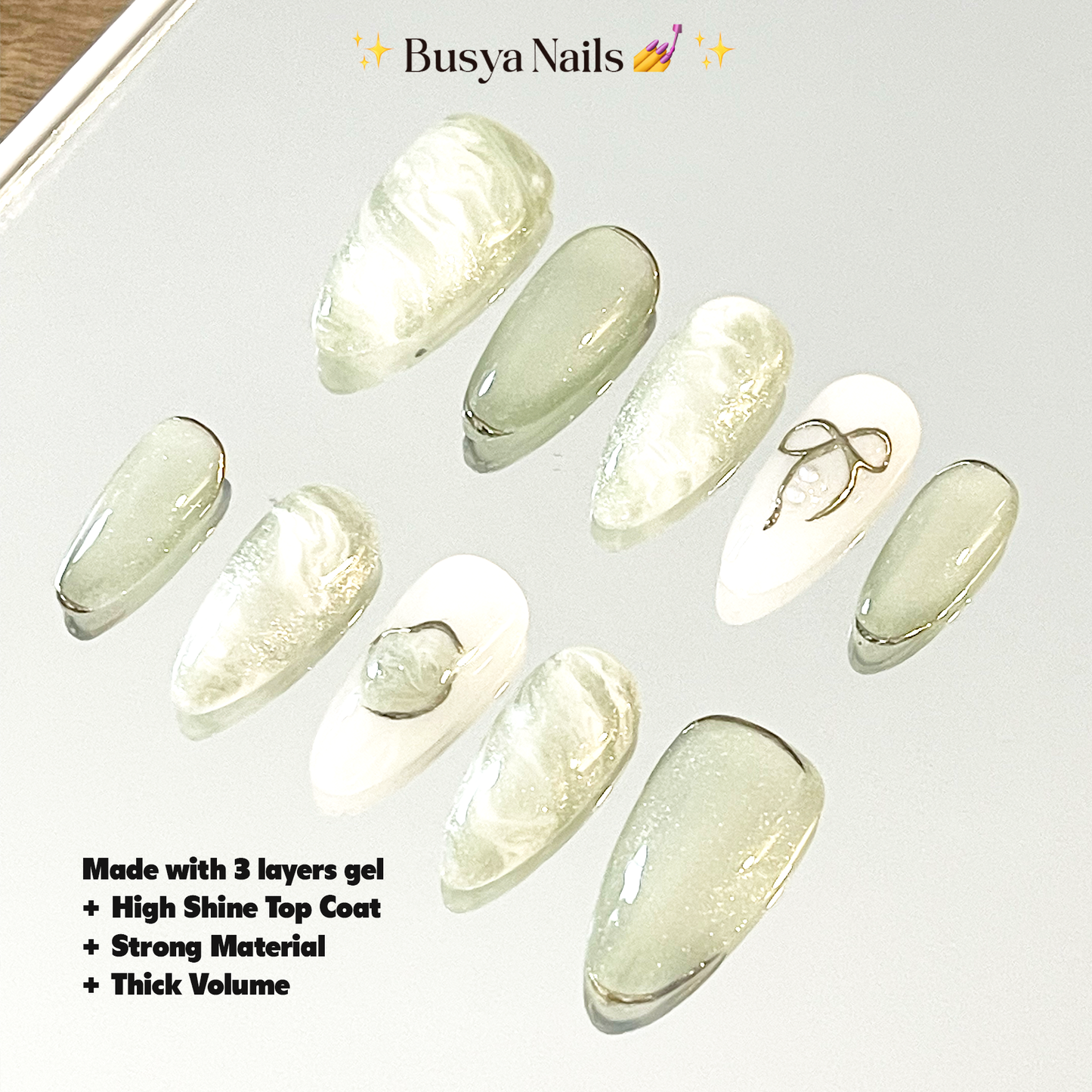 Busya Nails - Artichoke Marbles Pressed On Nails Kuku Palsu Free Tools