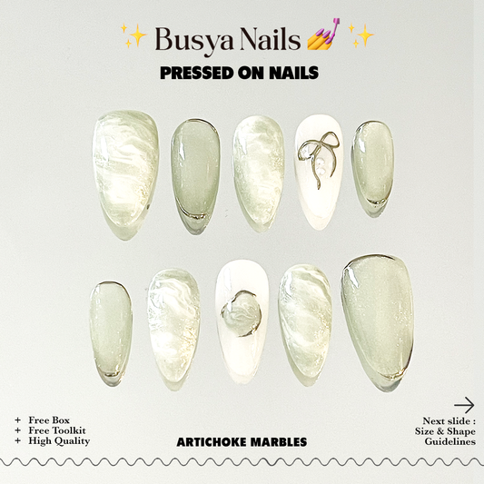 Busya Nails - Artichoke Marbles Pressed On Nails Kuku Palsu Free Tools