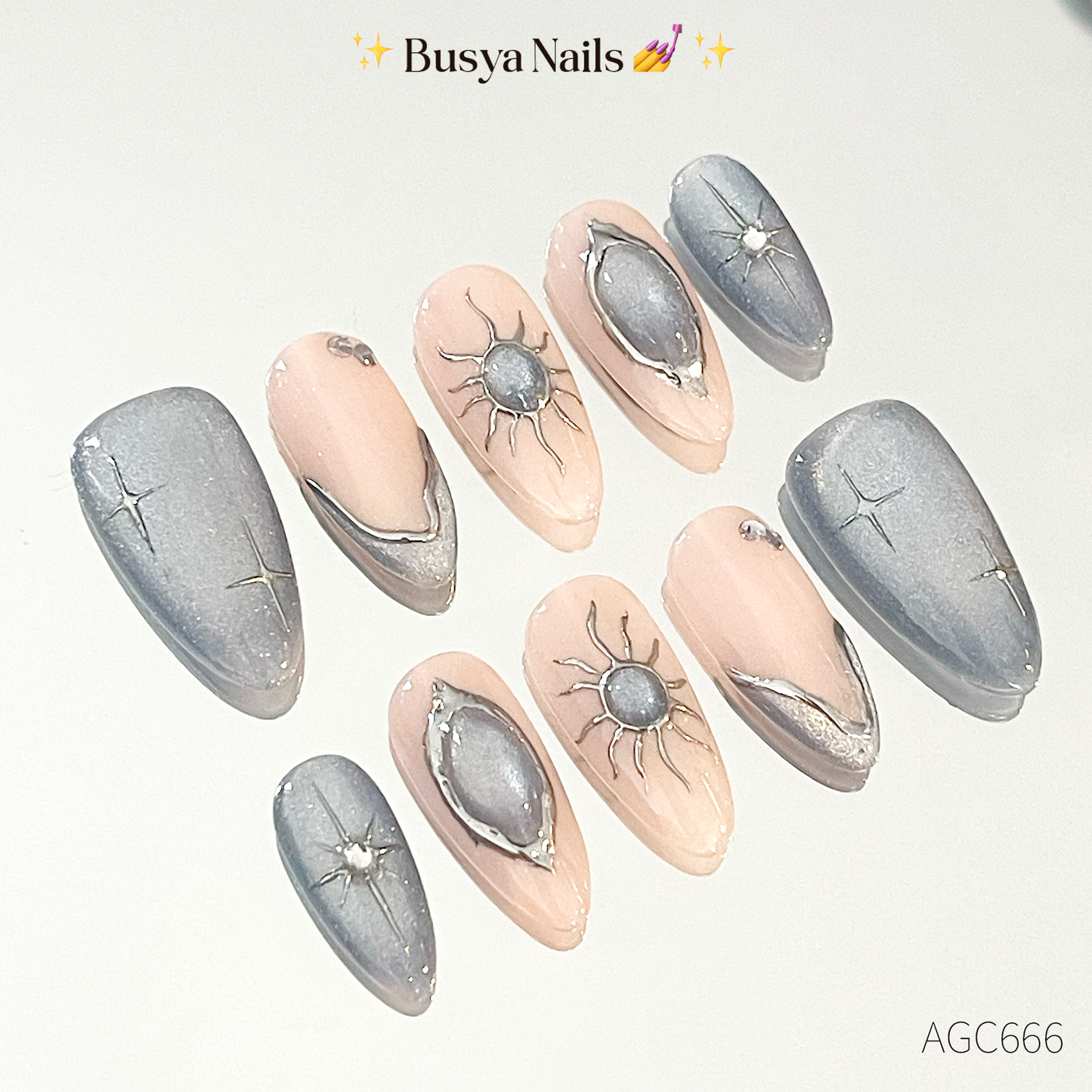 Busya Nails - Astronome Glass Cat Eye Blue Pressed On Nails Kuku Palsu Free Tools