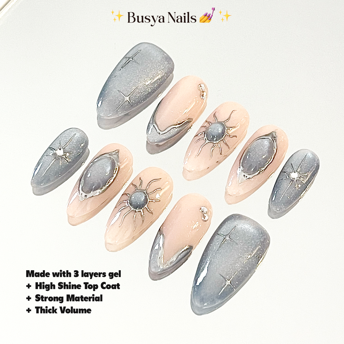 Busya Nails - Astronome Glass Cat Eye Blue Pressed On Nails Kuku Palsu Free Tools