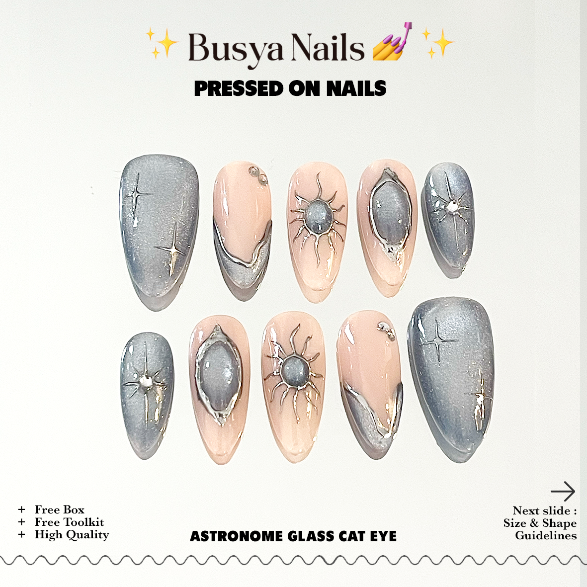 Busya Nails - Astronome Glass Cat Eye Blue Pressed On Nails Kuku Palsu Free Tools